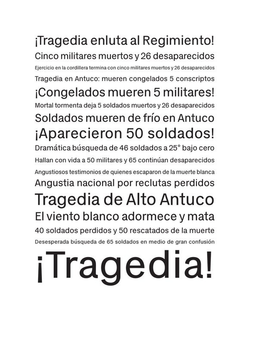 Newspaper headlines in Spanish at varying sizes, from smaller: ¡Tragedia enluta al Regimiento! down to the largest: ¡Tragedia! The headlines track the growing death toll and chaos.
