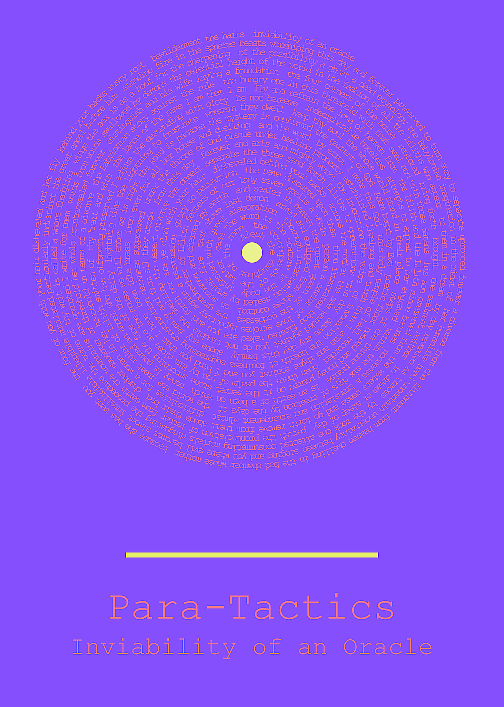 Para-Tactics: Inviability of an Oracle - circular spiral text on purple background