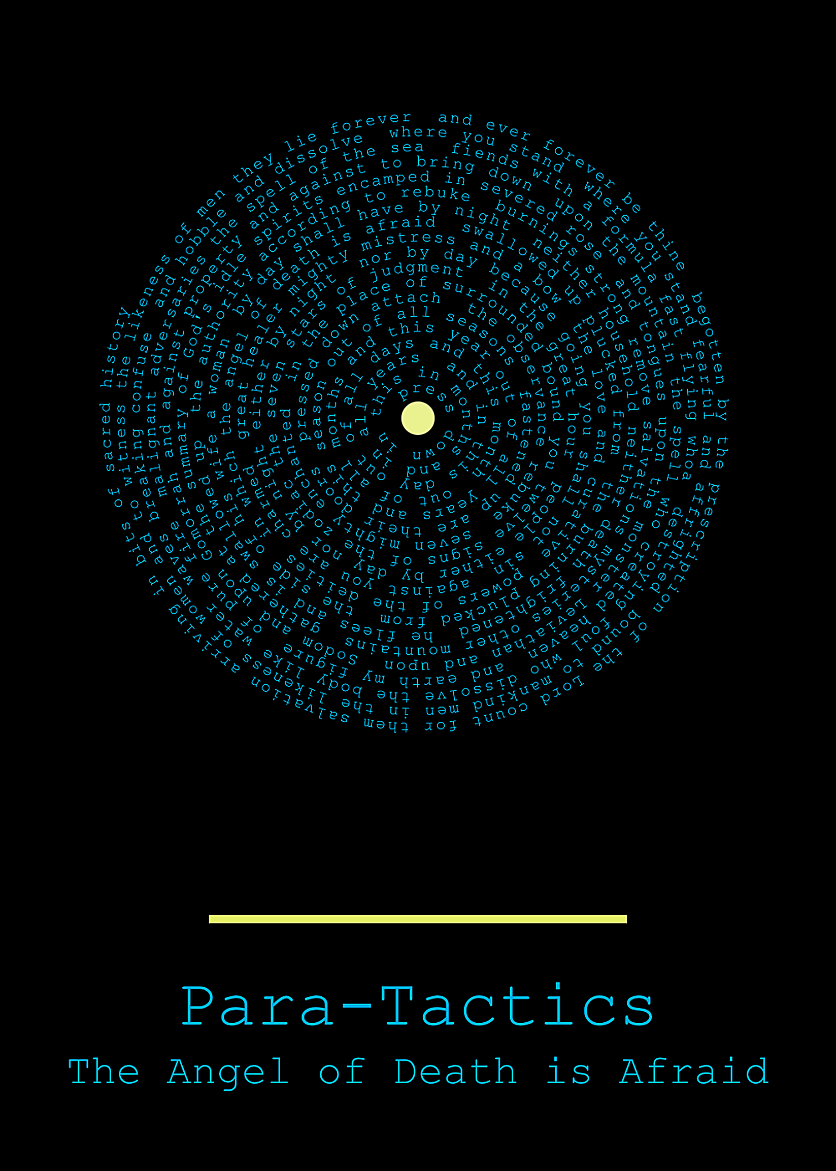 Para-Tactics: The Angel of Death is Afraid - circular spiral text on black background