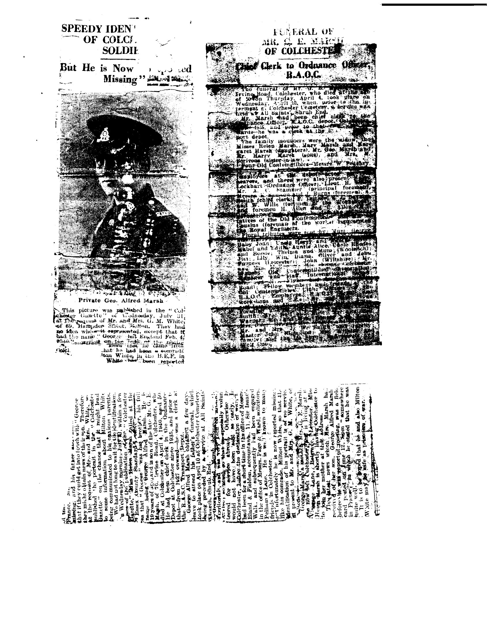 The Colchester Gazette, 1 August 1940, reporting the identification of George Alfred Marsh following a plea from the parents of missing soldier Milton White